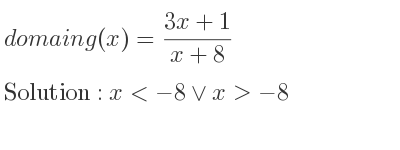 The domain of g(x)=(3x+1)/(x+8) is x<-8\lor x>-8